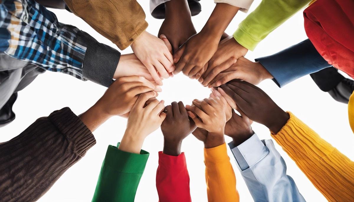 A diverse group of individuals holding hands and forming a circle, representing unity and support within a community.