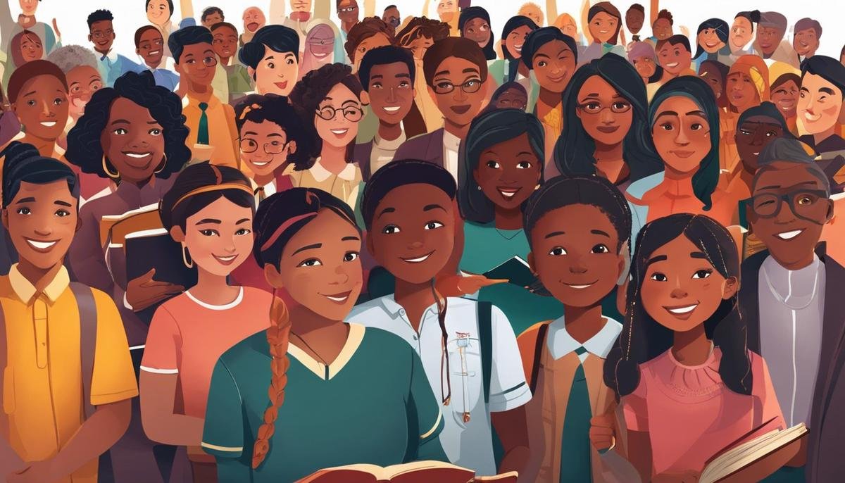 Illustration showing a diverse group of people advocating for education and inclusion in minority communities
