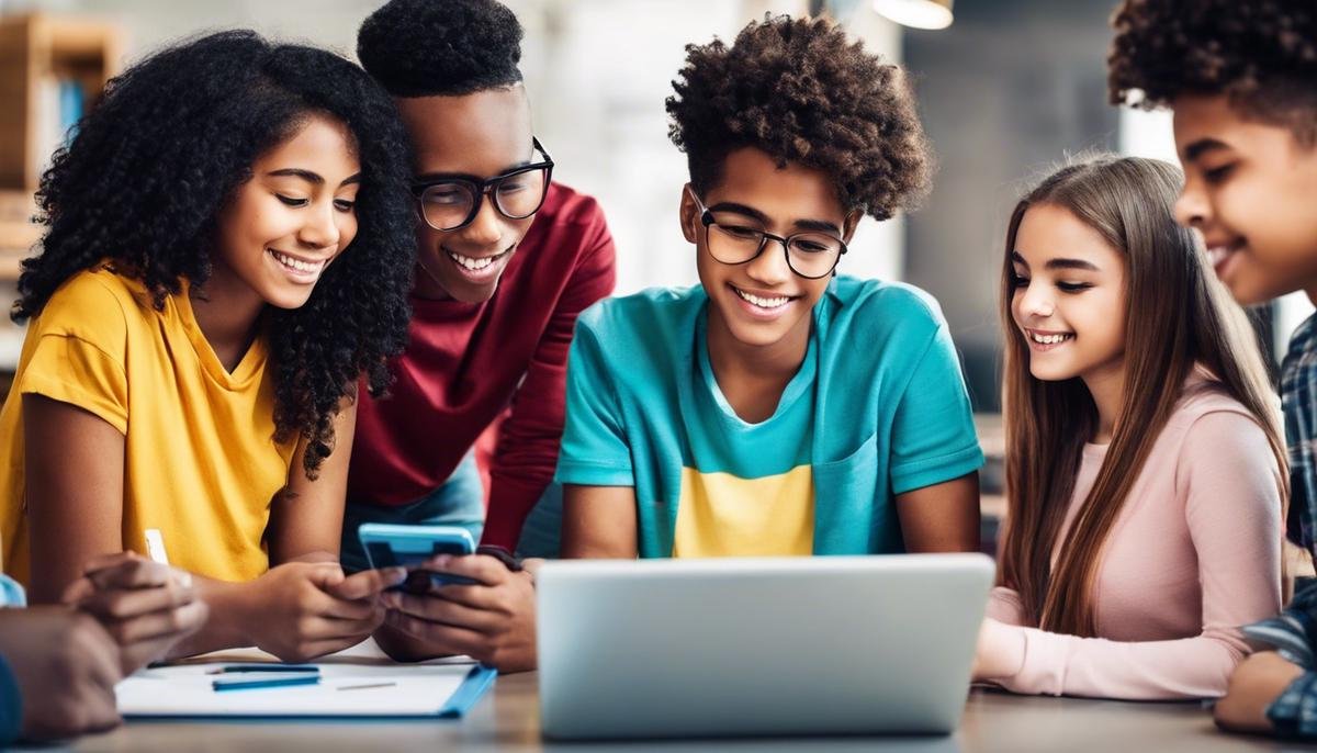 Image description: A group of diverse teenagers using digital devices, symbolizing the topic of empowering autistic teens with literacy and critical thinking skills.