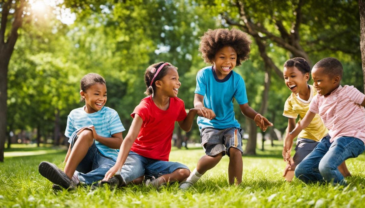 Image: A group of diverse children playing together in a park.