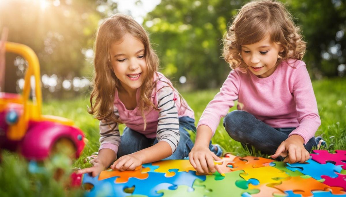 Image description: Two children playing together with a colorful puzzle game, symbolizing the importance of early detection of autism for fostering development and social skills.