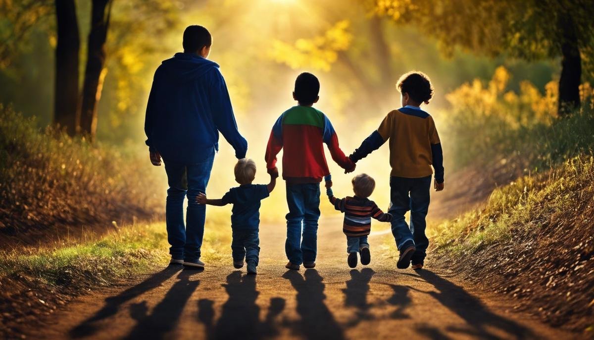 Image depicting an educator holding hands of children with autism, symbolizing support and understanding