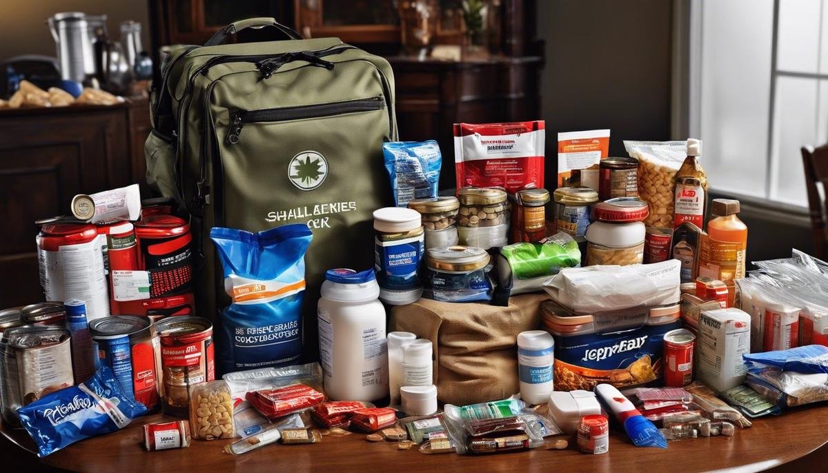 An image of a well-stocked emergency kit consisting of non-perishable food items, water, flashlights, first-aid kit, and medications.