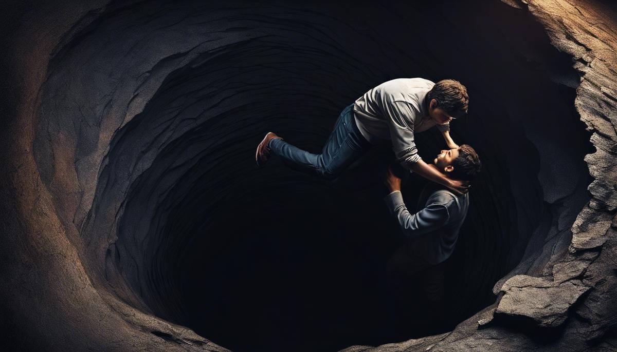Depiction of a person helping another person out of a dark hole, symbolizing empathy and support in a difficult time