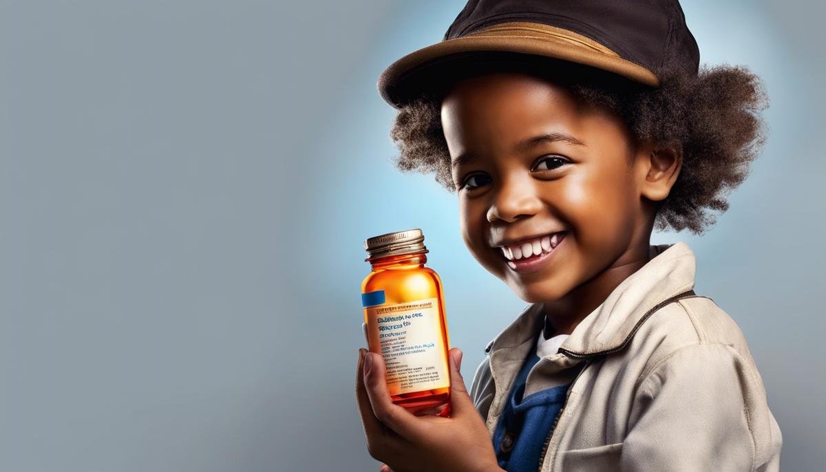 An image of a child with a smiling face holding a pill bottle.