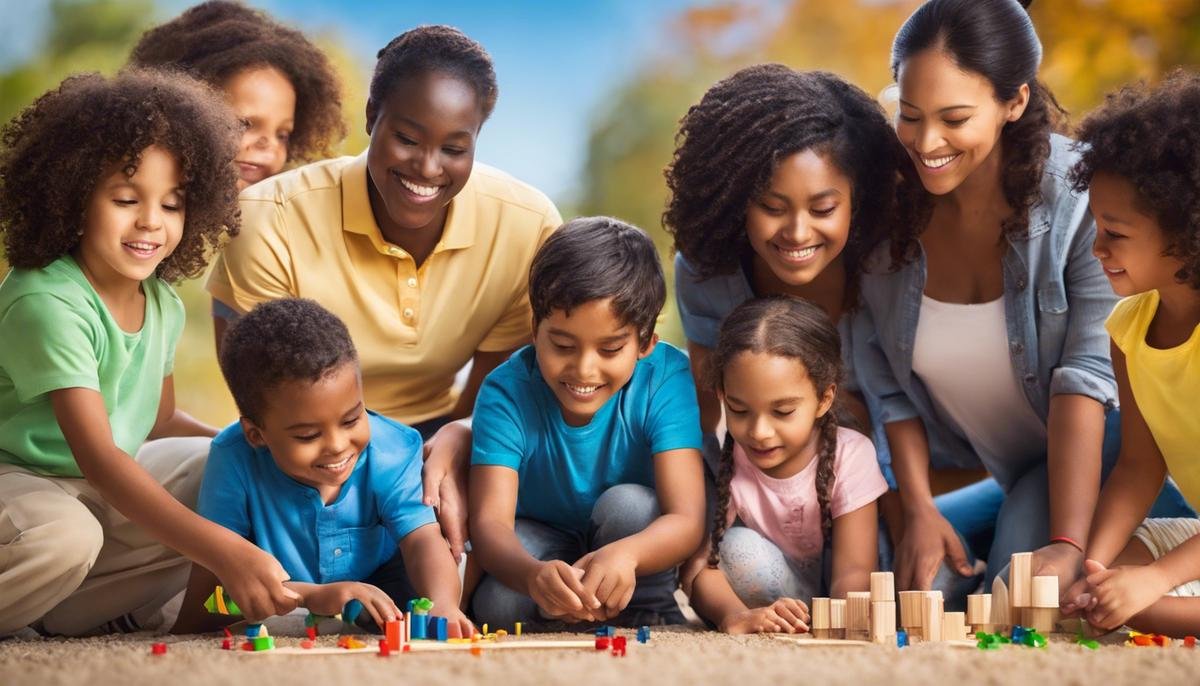 Image of parents and children from diverse backgrounds working together, symbolizing unity and advocacy for children with autism.