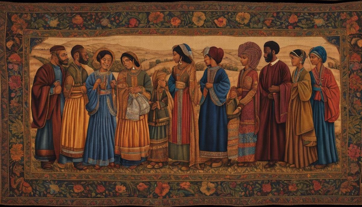 An image of a beautiful tapestry depicting a diverse group of people holding hands, representing the interconnectedness of families and society.