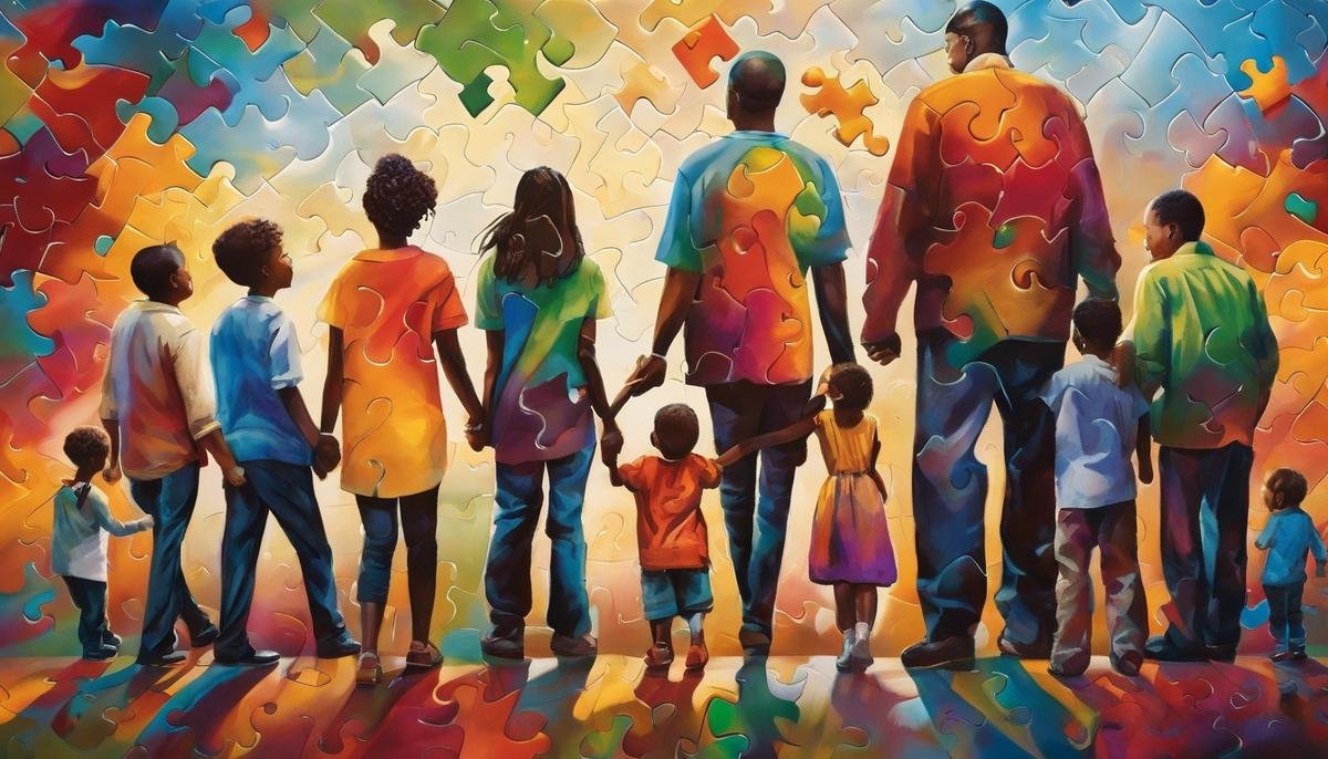 Image of a diverse family standing together with interconnected puzzle pieces, symbolizing the complexity and unity of family dynamics.