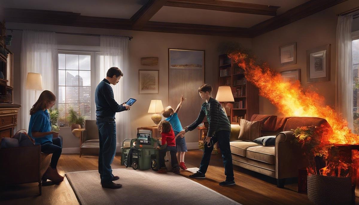Image depicting a family with an autistic individual practicing fire safety measures, higlighting the importance of technology and community for enhanced security