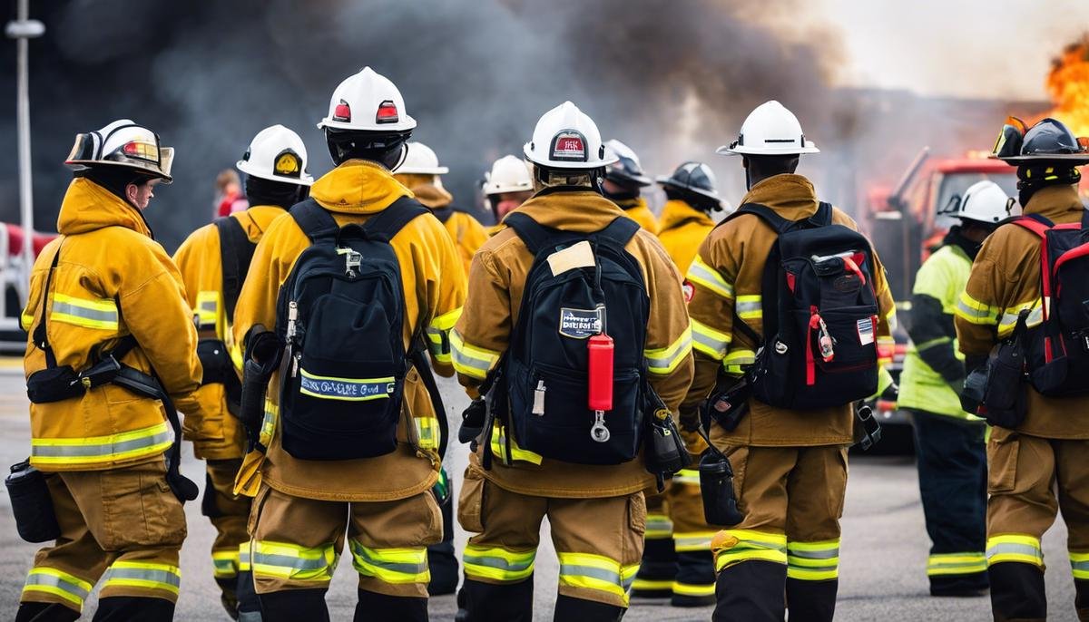 Image description: A diverse group of people participating in a fire safety drill, with firefighters showcasing their gear and uniforms.