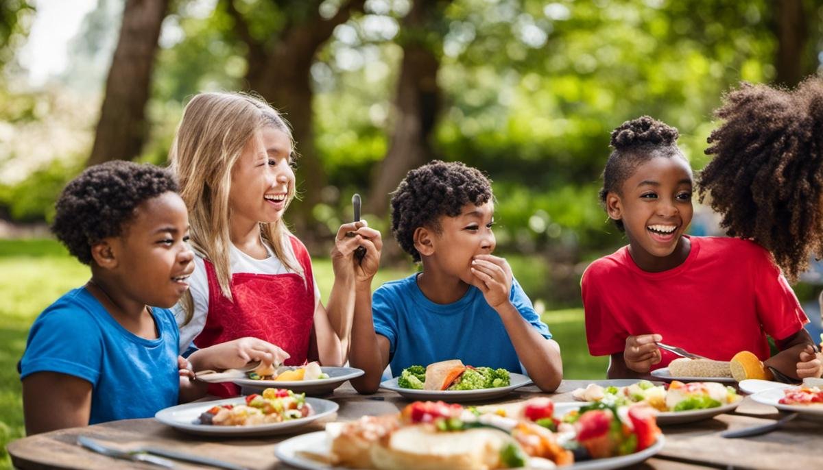Image of a diverse group of children enjoying a meal together, demonstrating the inclusivity of managing food aversion in children with Autism Spectrum Disorder (ASD).
