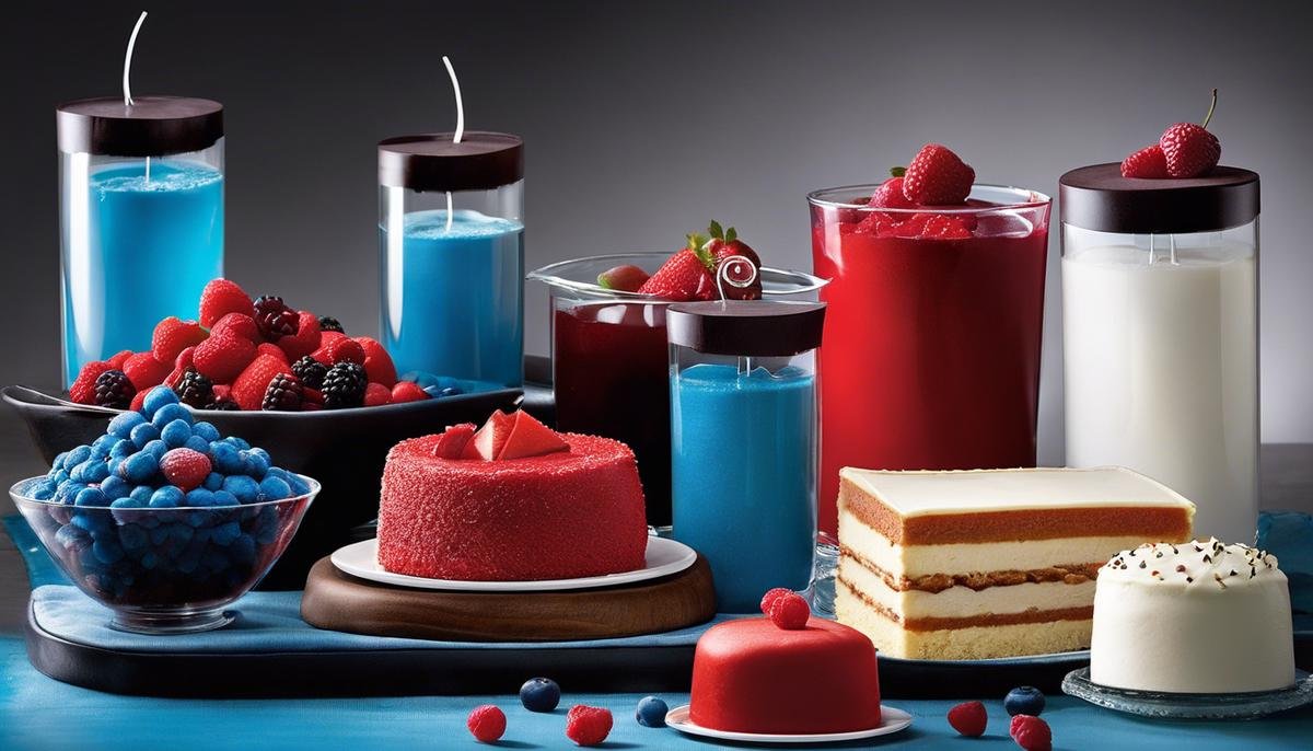 Image showcasing different food colorings, including vibrant blues and radiant reds, used in various desserts.