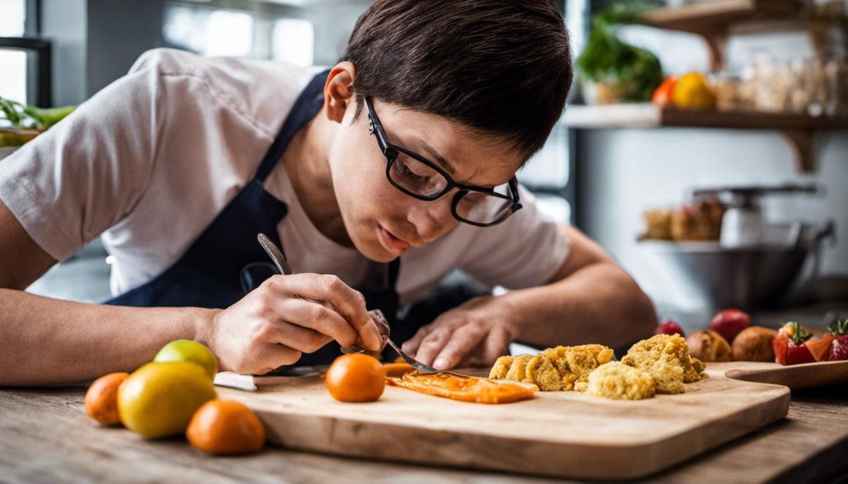 A person with autism carefully examining different food textures