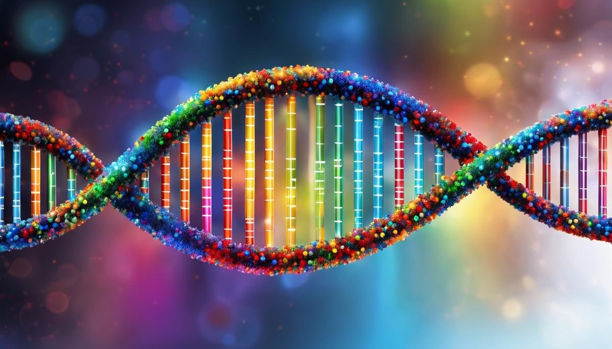 Image of a DNA strand with autism written in the center and colorful pixels surrounding it, representing the complex genetic factors contributing to autism