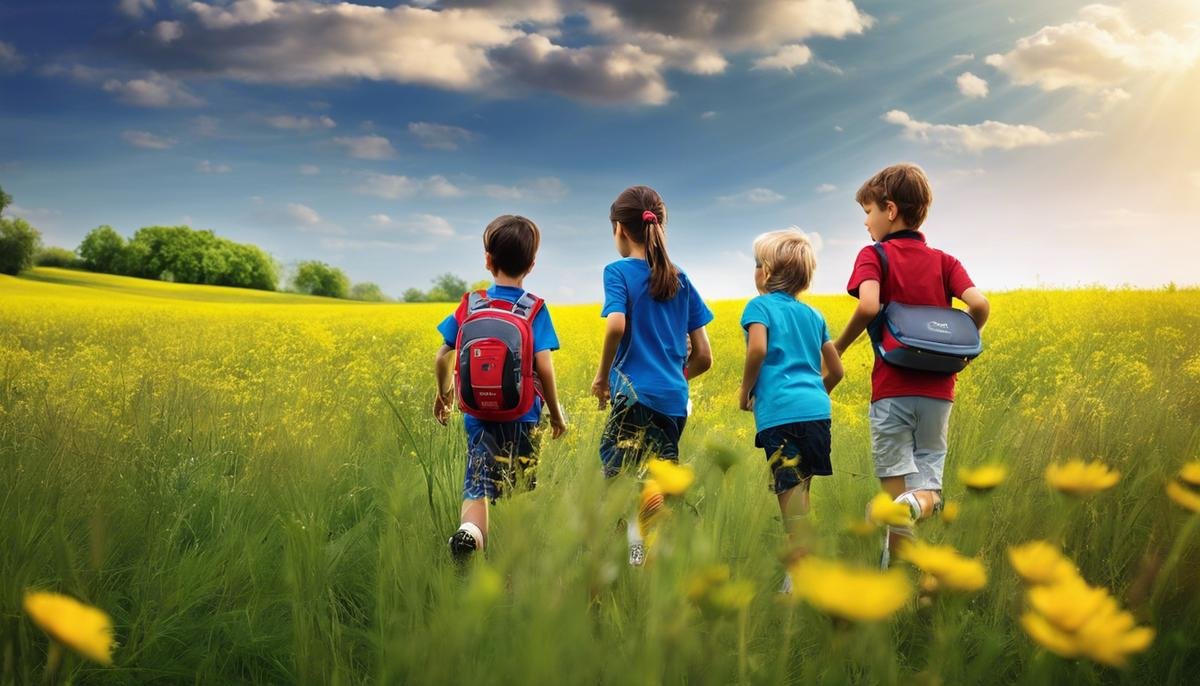 A group of children exploring a field with wearable GPS devices, ensuring their safety and providing peace of mind to their parents.