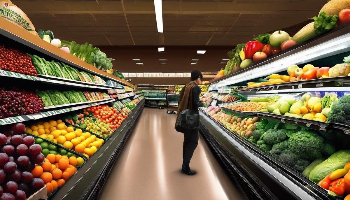 A person navigating a grocery store aisle, choosing fruits and vegetables.