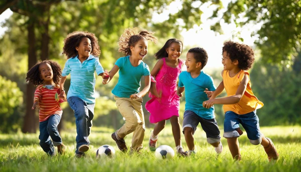 A group of diverse children happily playing together outdoors.