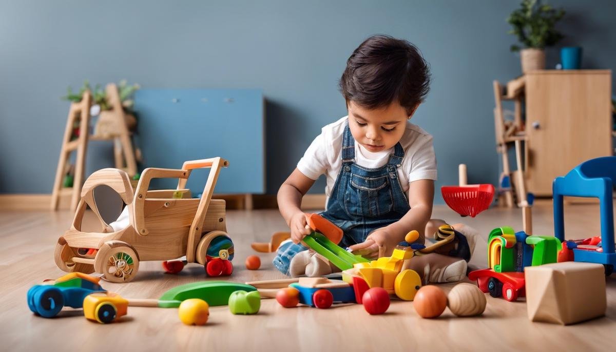 Image of a child playing with different toys, representing the concept of healthy toy attachments.