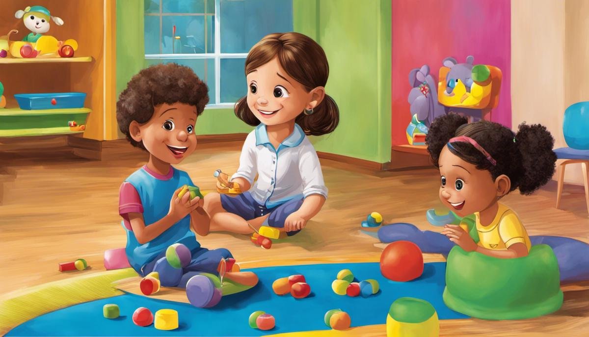 A colorful image showing children playing and engaging in therapy activities