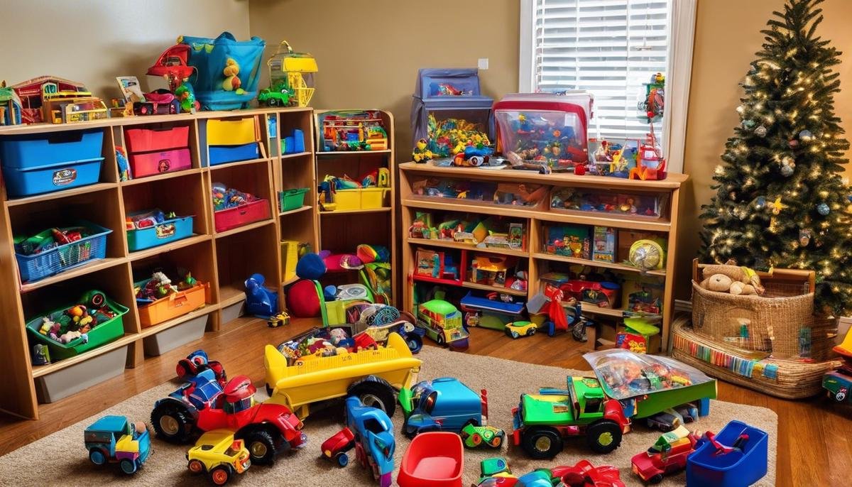 Image of toy hoarding behavior in children with autism, showcasing various toys being organized and hoarded.