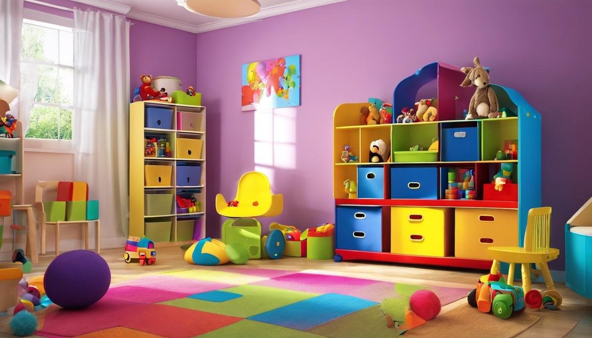A child organizing toys in a colorful room