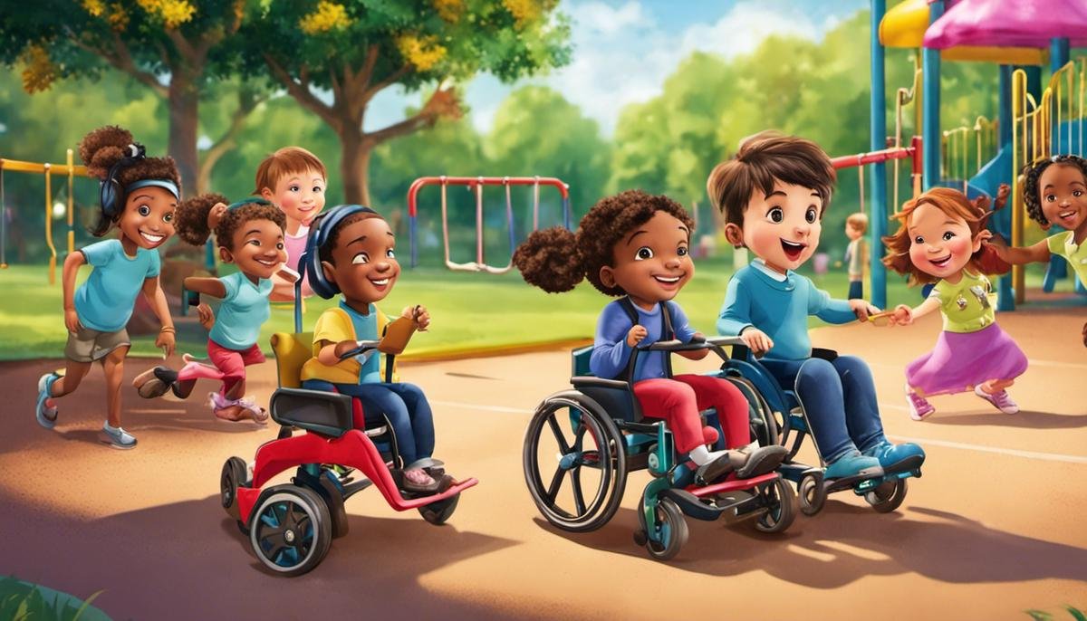 An image of a diverse group of children, both with and without disabilities, playing together happily in a playground