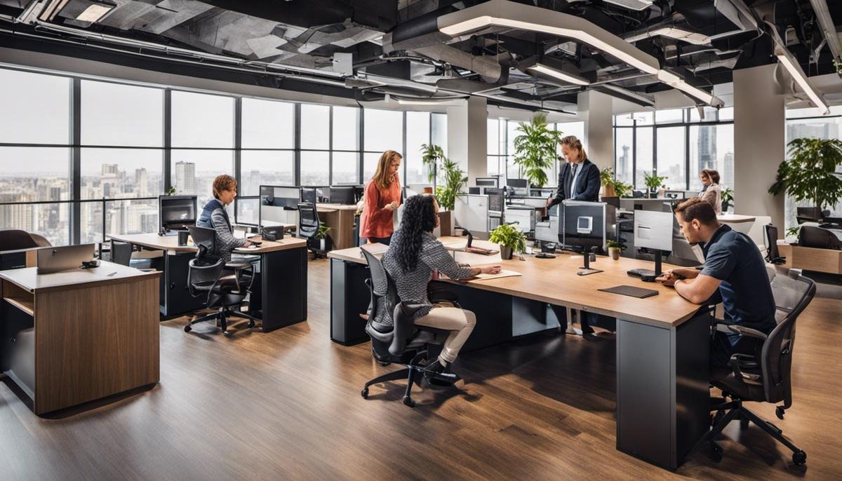 An image showing employees with diverse abilities working together in an inclusive workspace