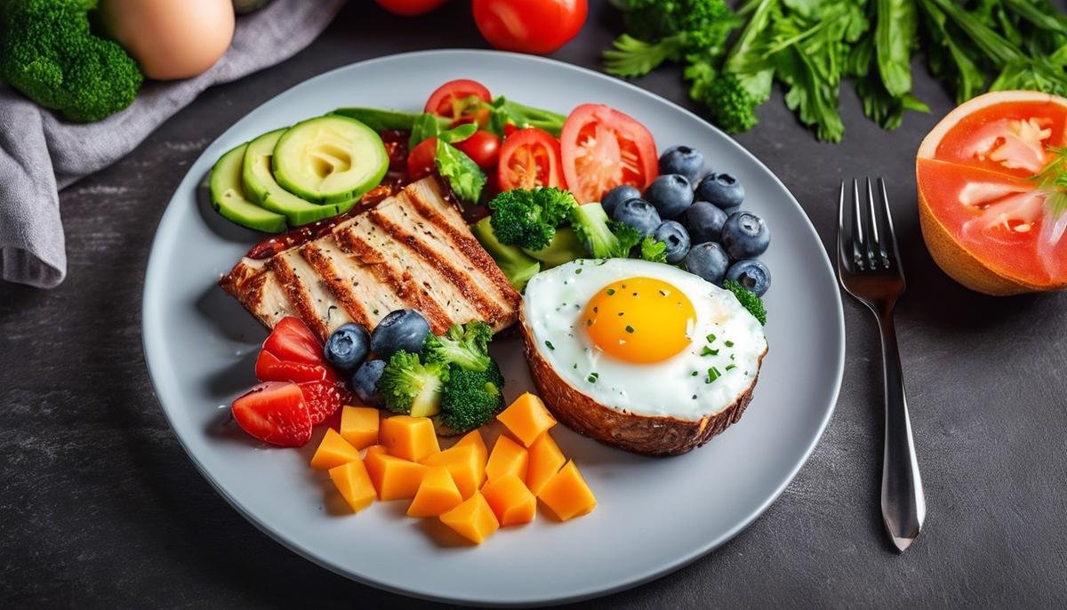 An image depicting a plate with colorful, nutritious keto-friendly food, symbolizing the benefits of a ketogenic diet for children with autism.