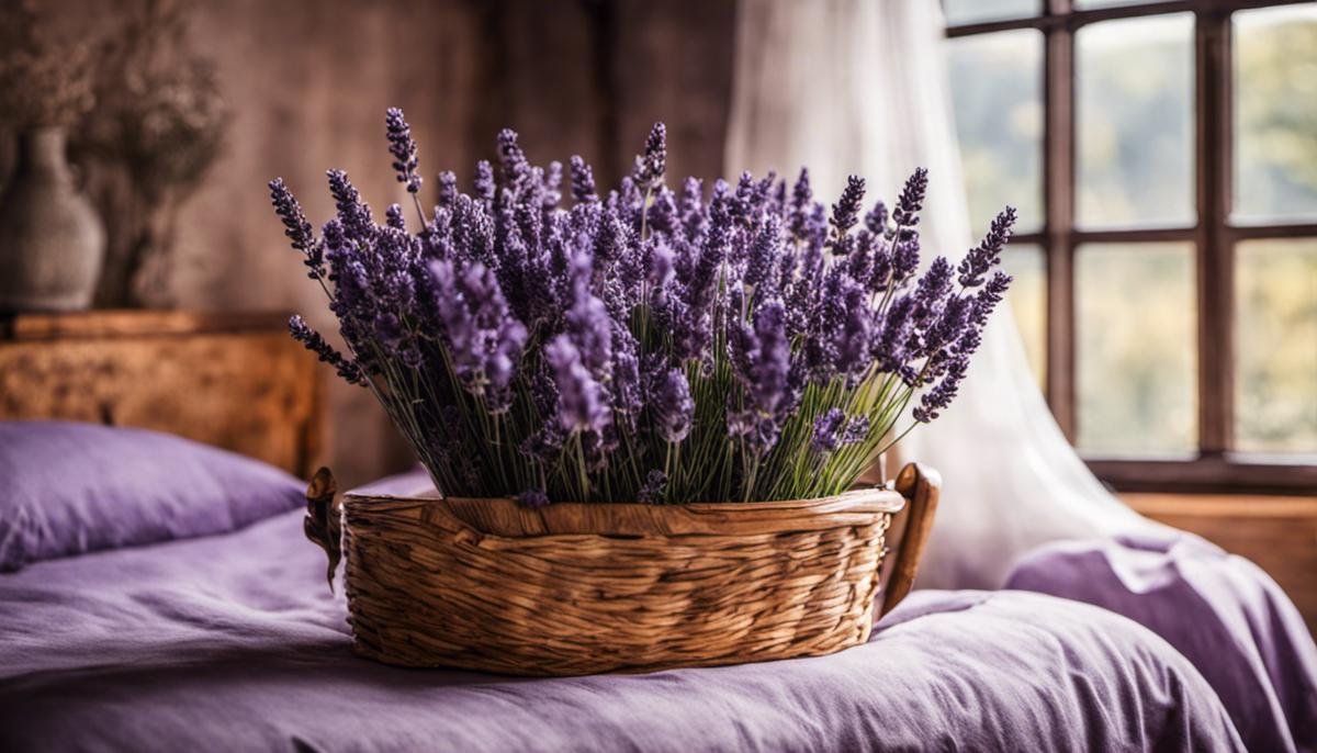 A soothing image of lavender flowers and a cozy bedroom setup