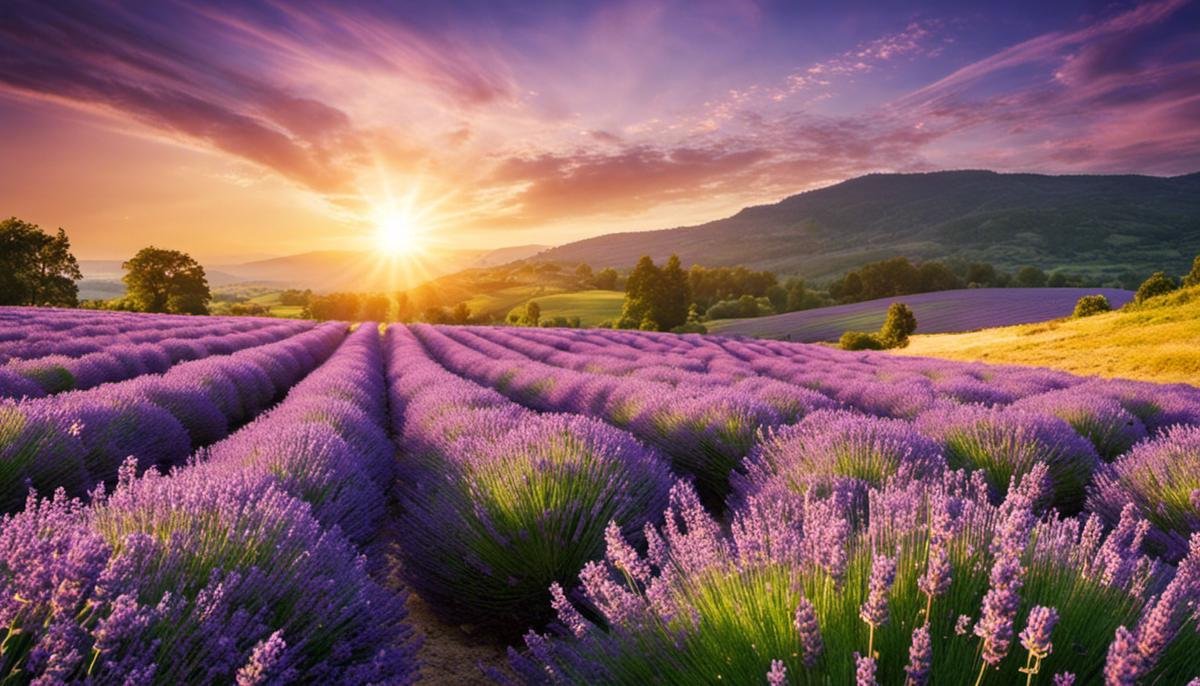 Image description: A picture of a lavender field with the sun shining over it, portraying serenity and tranquility.
