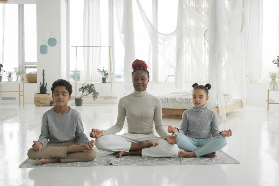 An image of a child with autism engaging in a sensory-friendly yoga session with their family, demonstrating a non-medical strategy for managing aggression.
