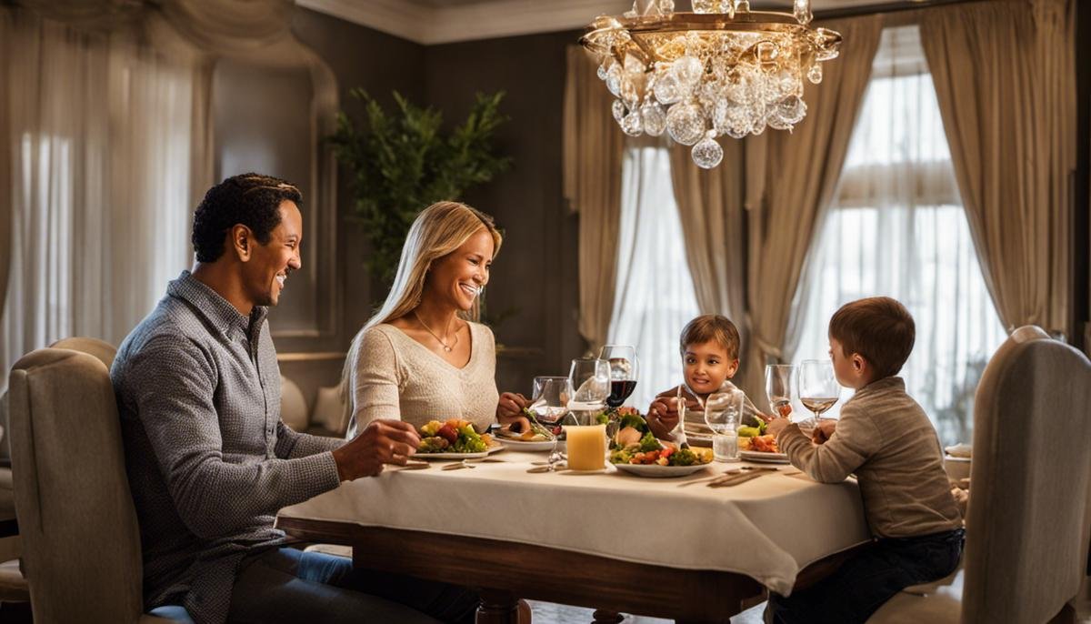 Image of a family having a meal together in a calm and serene dining environment