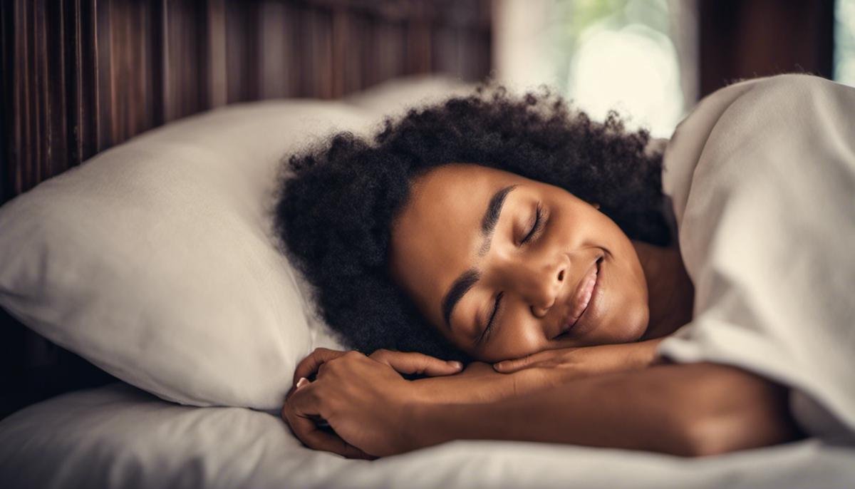 Image of a person sleeping peacefully in a cozy bed with a smile, representing a good night's sleep for someone that is visually impaired