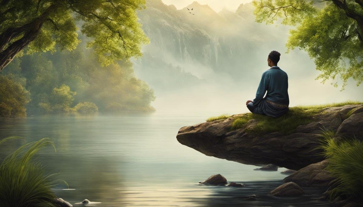 Image description: A person sitting in a peaceful environment, surrounded by nature, with a serene expression on their face and practicing mindfulness.