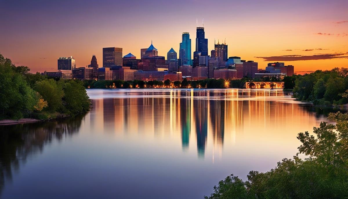 A cityscape of Minneapolis against a backdrop of its famous lakes