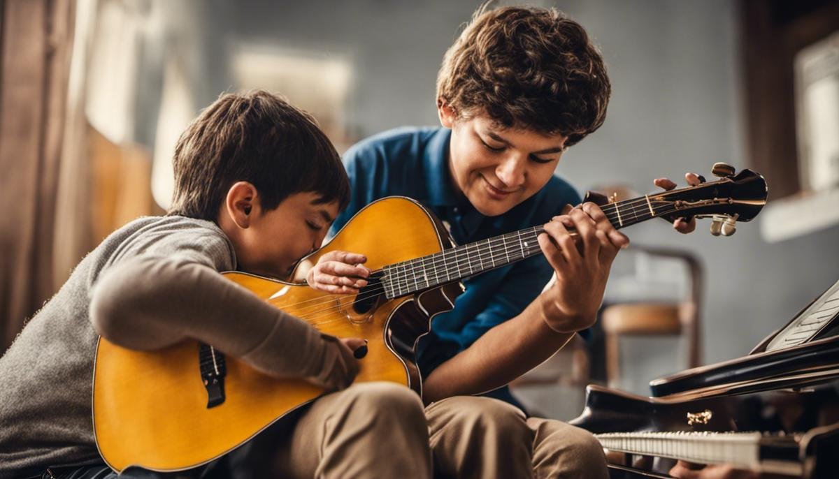 An image of a person playing a musical instrument alongside a person with autism, reflecting the positive impact of music therapy in ASDs
