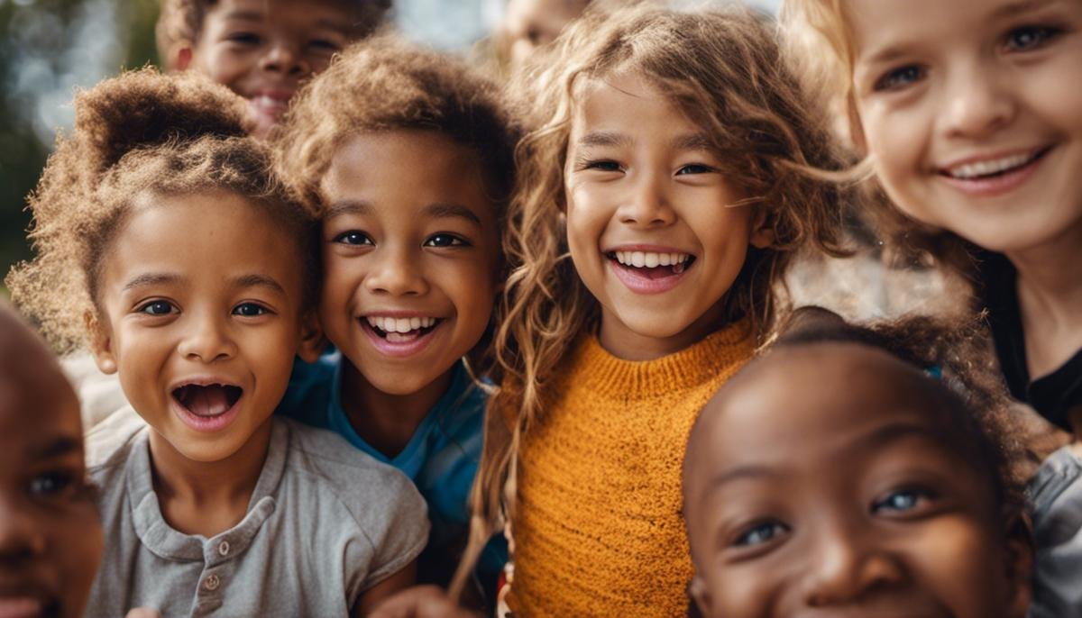 Image of a group of neurodiverse children smiling and playing together