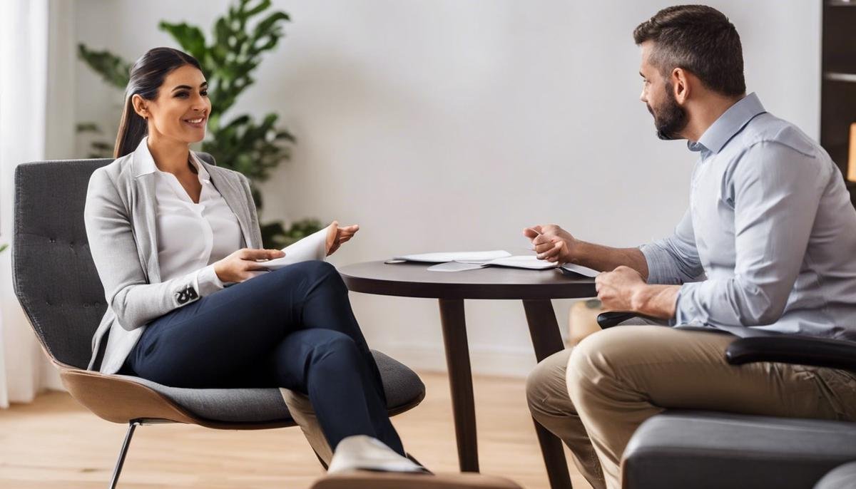 An image of a therapist and a client engaging in nonverbal communication during a therapy session. The therapist's attentive body language and the client's receptive posture showcase the importance of nonverbal cues in therapy.