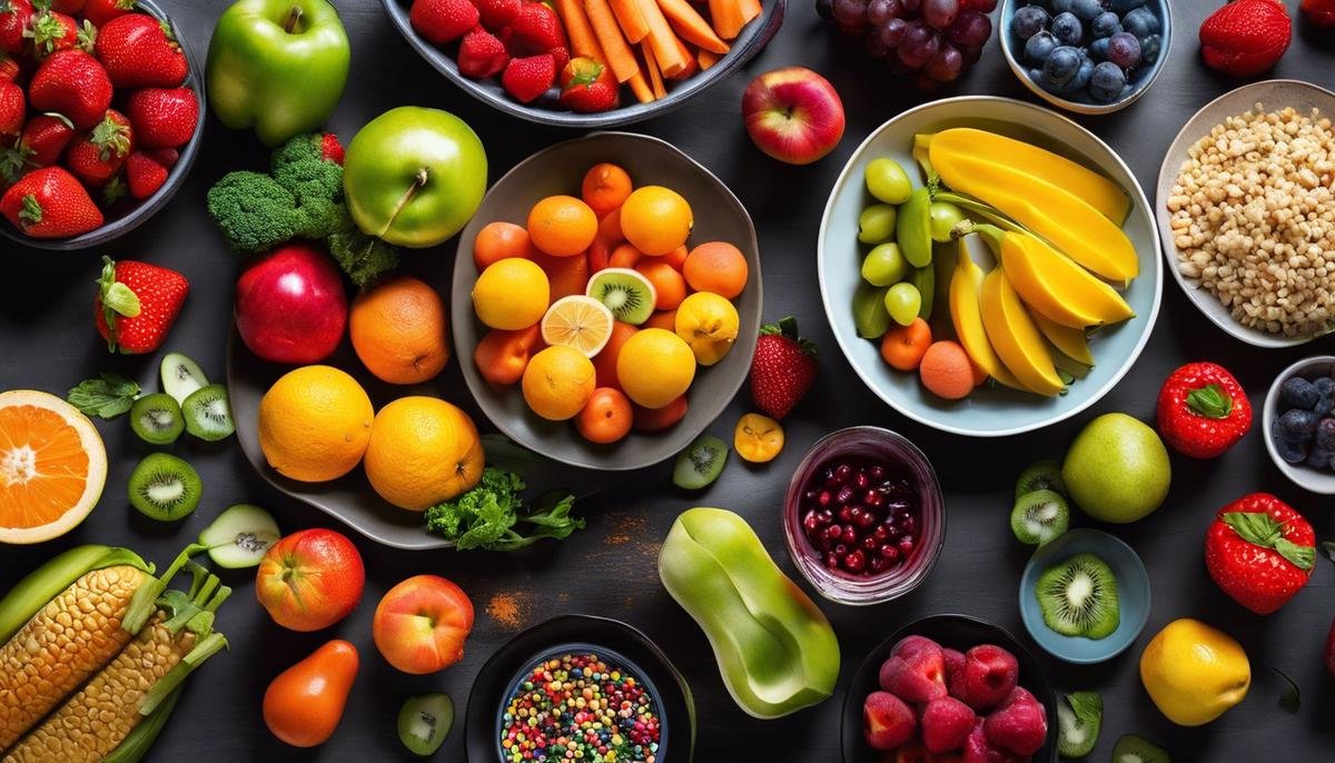 Image of a diverse plate of colorful fruits and vegetables, symbolizing a nutritious diet for managing autism symptoms