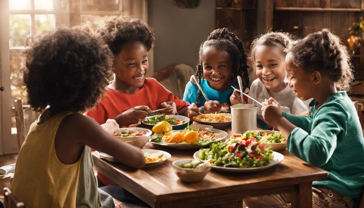 Image of a diverse group of children enjoying a meal together, with a supportive adult present