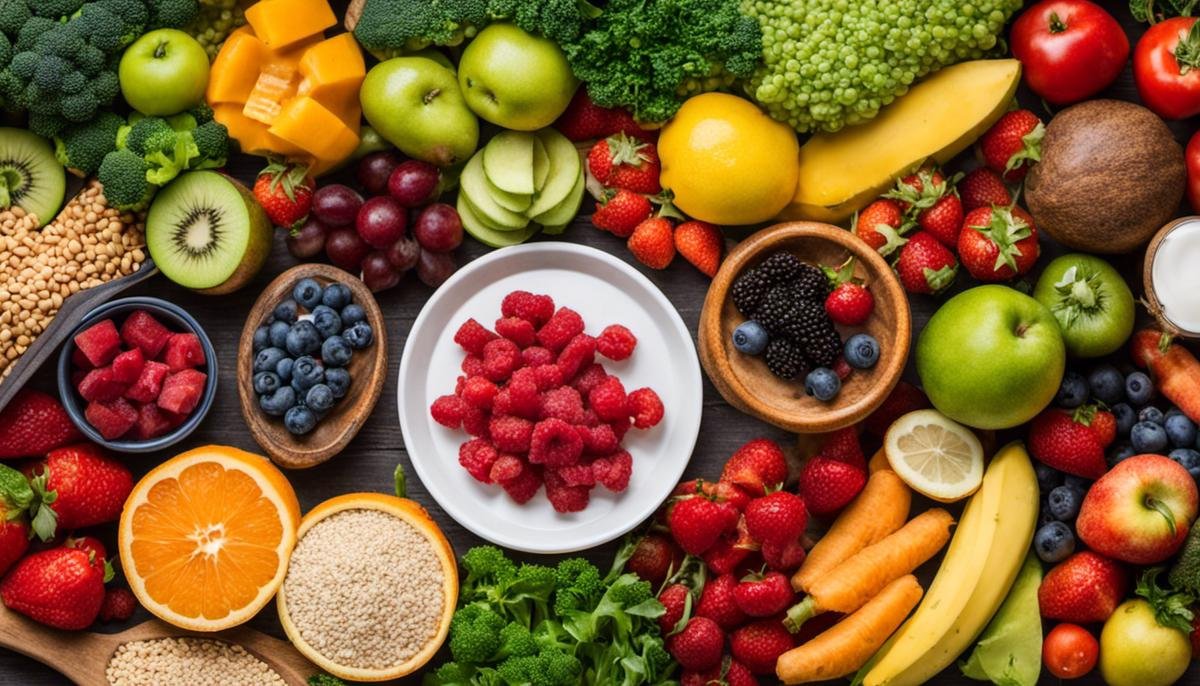 A nutritionally-balanced plate of food with a variety of fruits, vegetables, lean proteins, and healthy grains, symbolizing the importance of dietary considerations for managing autism.