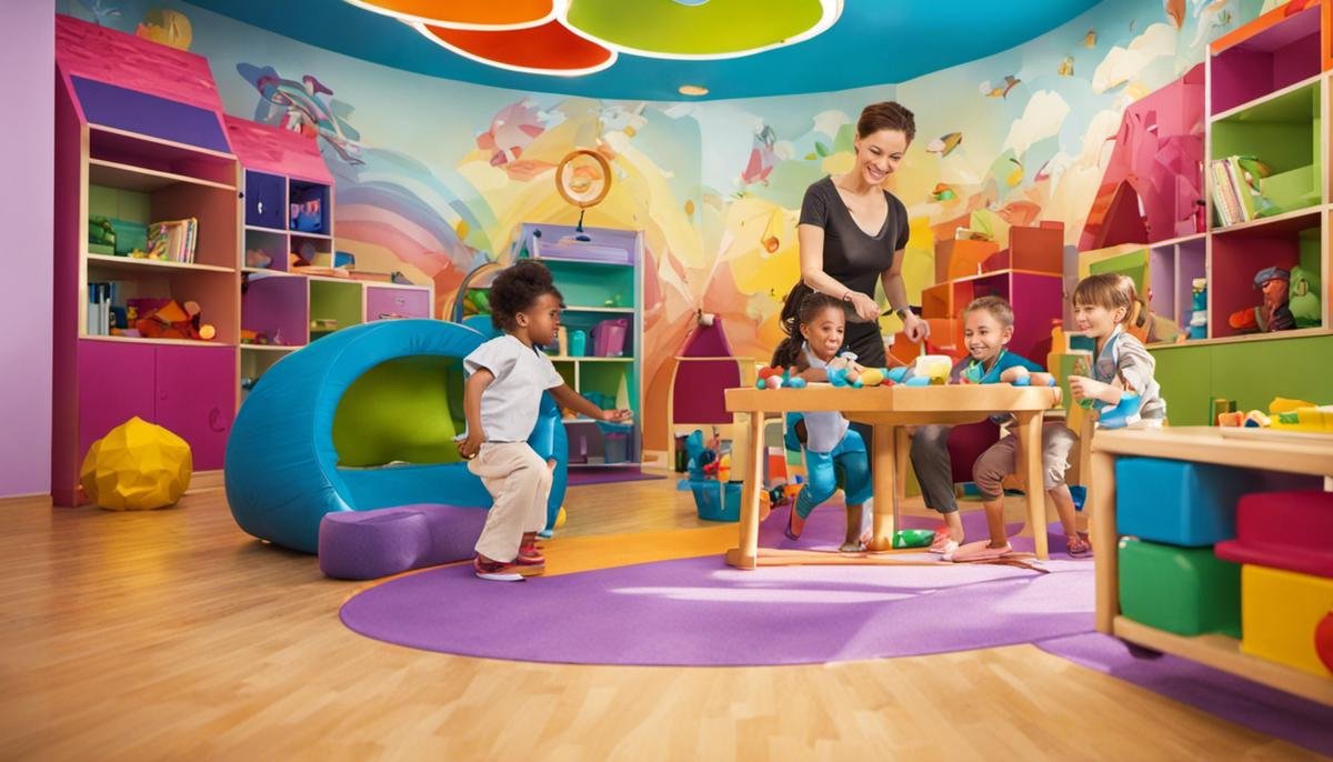 A group of occupational therapists working with children in a colorful, engaging setting