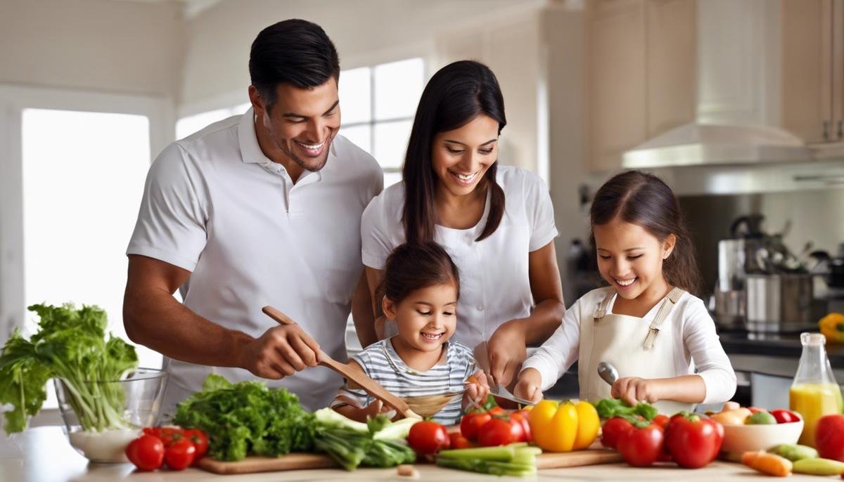 A happy family preparing a healthy meal together.
