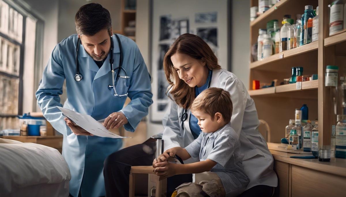 Image depicting a parent and child in a medical setting, showcasing the challenges faced by children with autism in perceiving medicine.