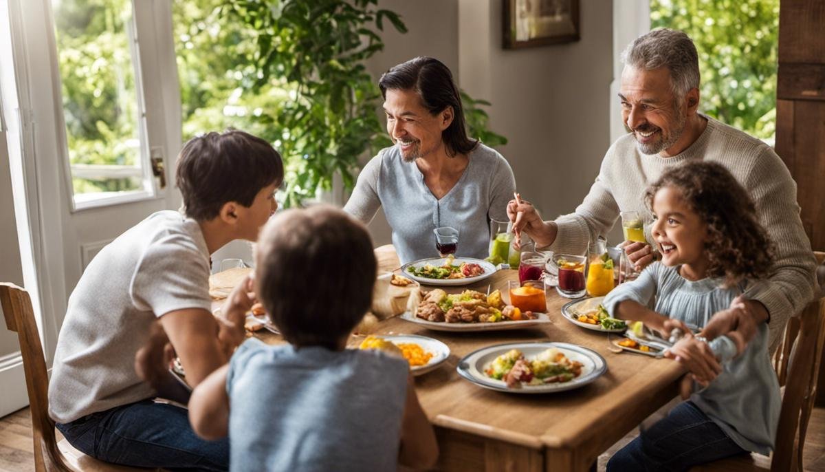 Image of parents dealing with children who grapple with Autism Spectrum Disorder (ASD) or Sensory Processing Disorder (SPD), showing a happy family sharing a meal together.