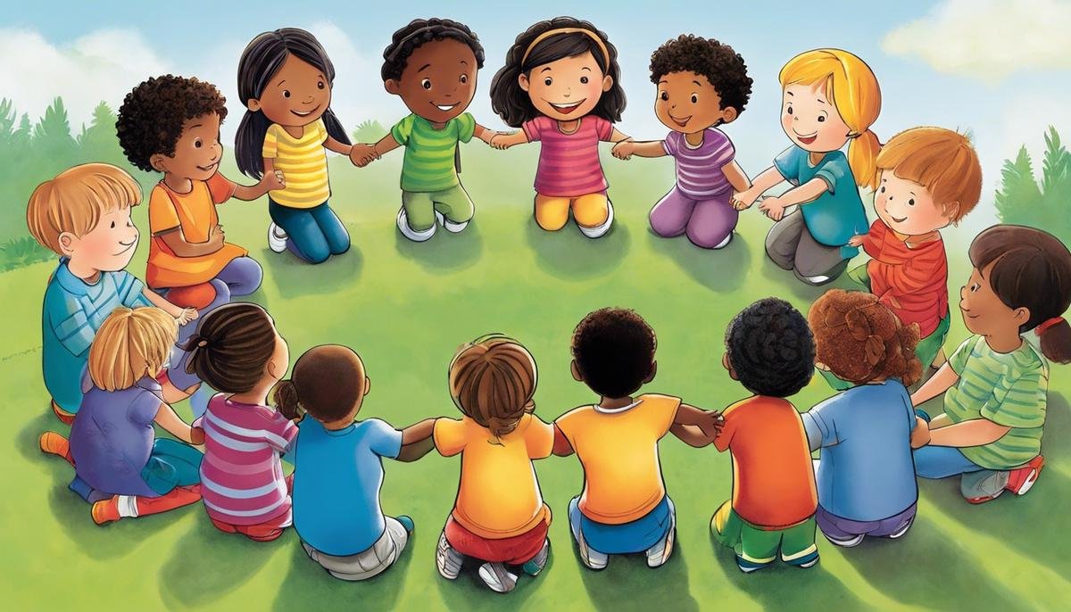 Illustration depicting a diverse group of children holding hands in a circle, representing the importance of community support during the journey to an accurate autism diagnosis.