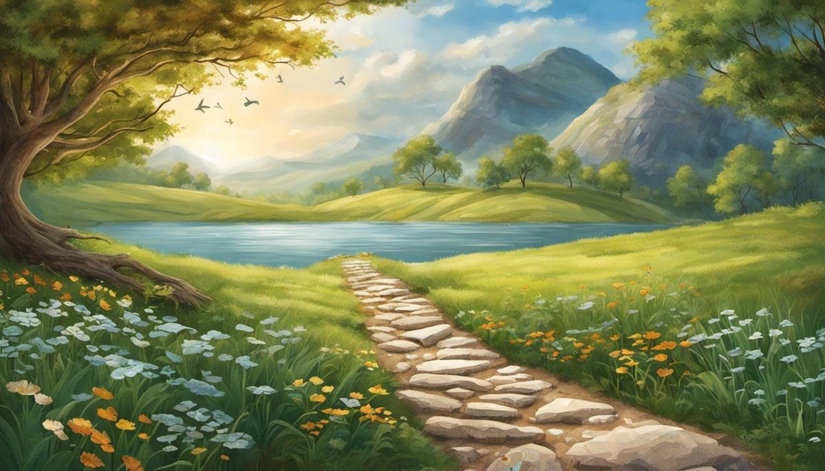 Illustration of a pathway with stones leading towards a tranquil landscape, symbolizing the journey to holistic health for individuals with autism.