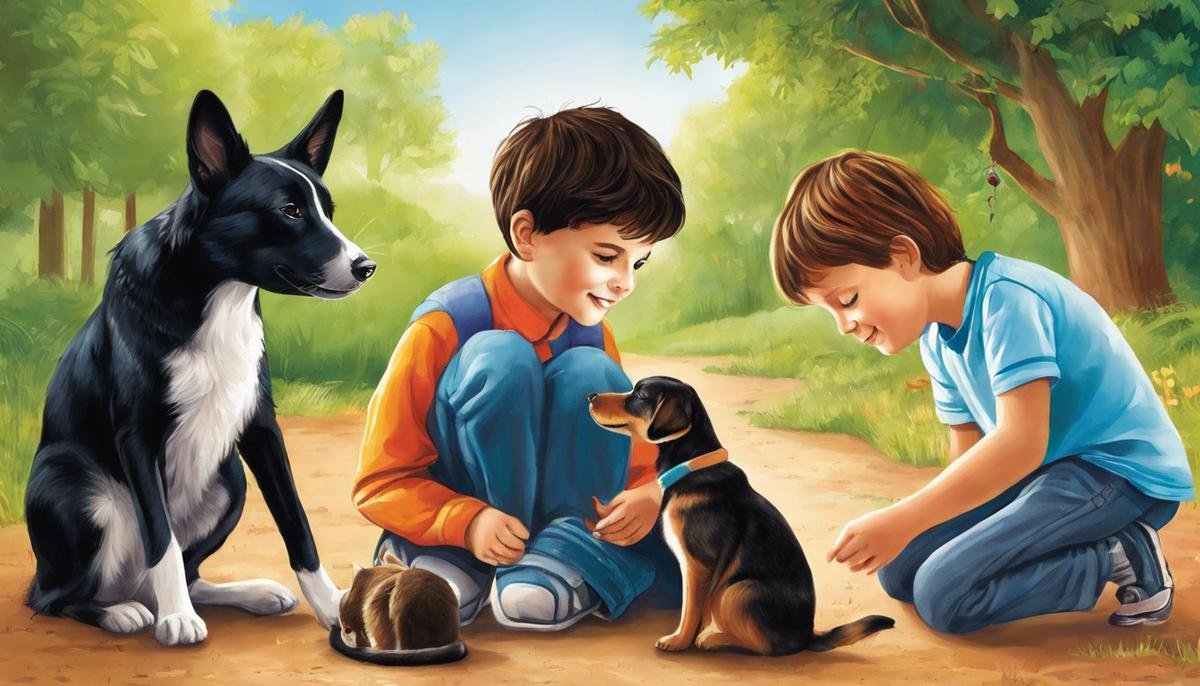 Image Description: Illustration of children with autism interacting with different animals, showcasing the therapeutic aspect of pets in autism therapy.