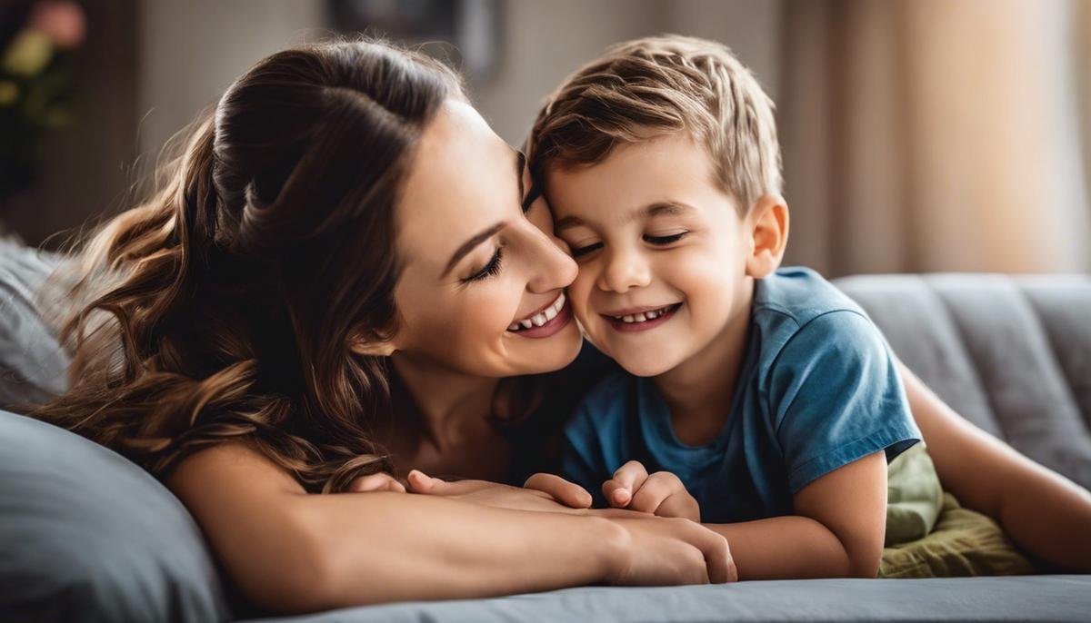 A photo of a loving parent and child smiling and embracing each other, capturing the joy and connection that can be experienced in raising a child with autism.