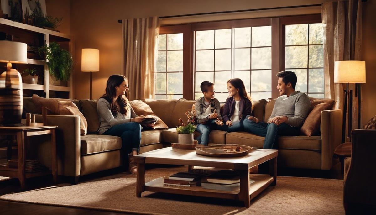 Image of a family sitting together in a cozy living room, with warm lighting and comfortable furniture, creating a harmonious environment.